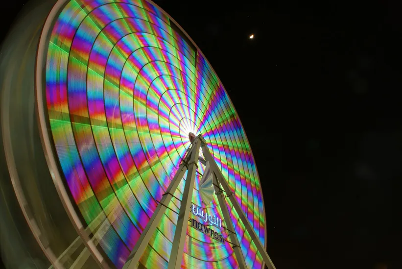 A long exposure of a colourful ferris wheel