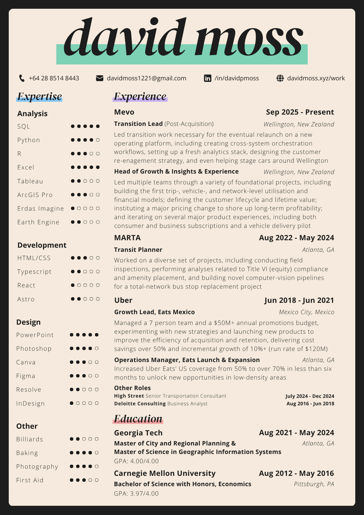David Moss's résumé, as an image. The readable text version is the PDF linked above.